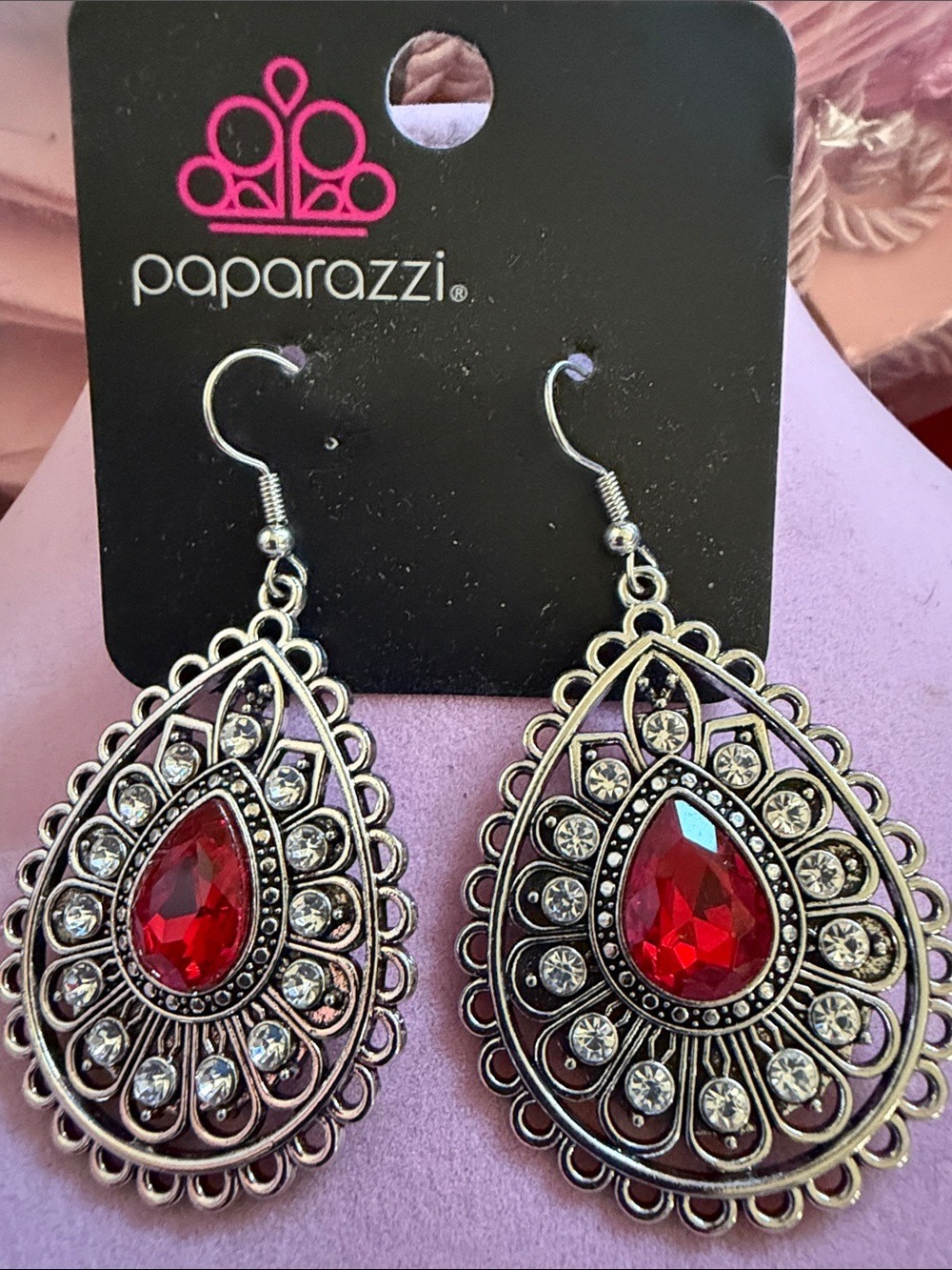 paparazzi Silver-Tone Teardrop Earrings with Red Gems, 2” Drop, (J0121)
